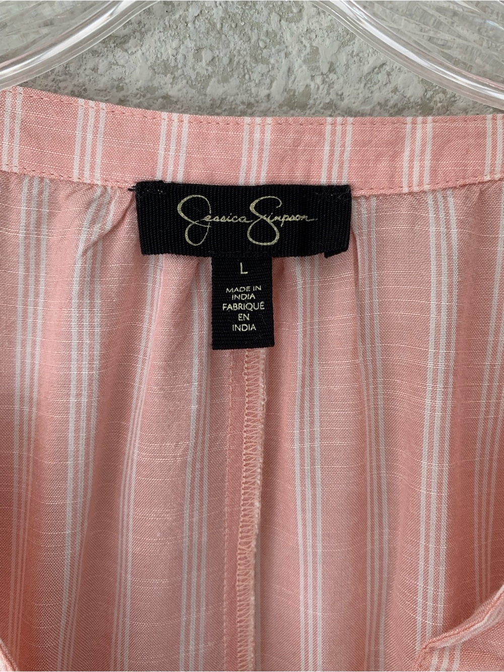 Jessica Simpson Pink & White Striped Tunic Blouse Puffed Sleeves Large Cottage - Picture 2 of 9